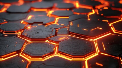 Poster - Abstract hexagonal grid with glowing orange edges. Ideal for tech, futuristic, or gaming designs.