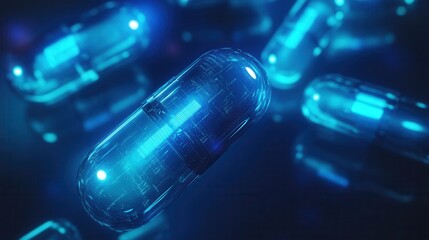 Leinwandbilder - Glowing blue capsules in a dark environment highlighting futuristic medical design and abstract technology at night