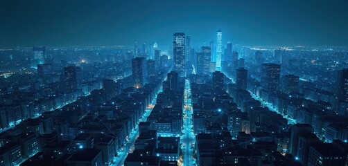 Fototapete - Night cityscape with illuminated buildings interconnected by digital network lines. Blue modern city with tech communication. Futuristic skyline, concept for smart city, big data, 5G, globalization.
