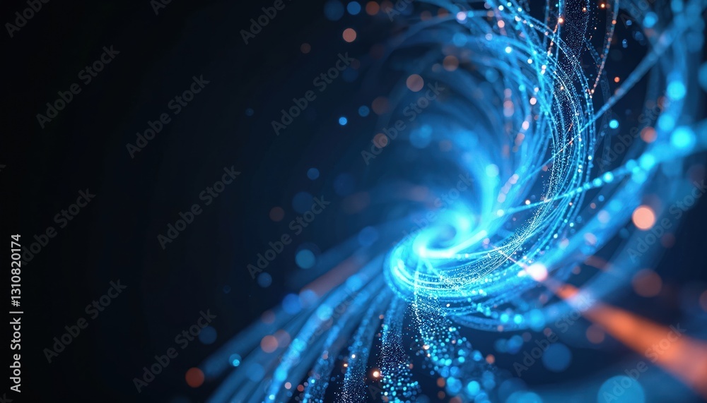 Dynamic swirling strands of blue light create abstract composition ...