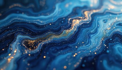 Poster - Blue, gold swirling liquid with metallic flecks. Abstract art painting texture. Marbling marble fluid dynamic movement vibrant design. Elegant luxurious contemporary background. Shimmering shiny