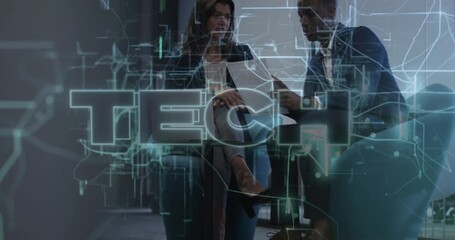 Poster - In office, business professionals discussing documents with digital tech network overlay
