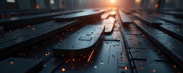 Fototapete - Futuristic technology background with dark gray metal blocks array, bright orange light leaks. Hi-tech surface texture resembles circuit board, spaceship interior. Perfect for sci-fi, industry