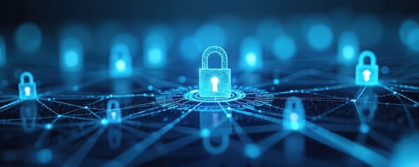 Fototapete - Cyber security concept featuring digital lock. Information protection on blue tech background, business internet privacy. Data safety in cyberspace. Network connection, system access, encryption