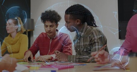 Poster - Collaborating with digital network animation, diverse group of people in school