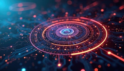 Fototapete - Cutting-edge tech background featuring advanced digital network design with high-tech interface elements. Blue, purple gradient colors, futuristic geometric patterns, intricate circuit designs ideal