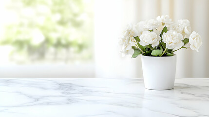 Poster - Elegant White Flowers in a Simple White Pot on a Marble Tabletop