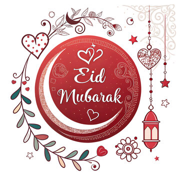 Eid mubarak  , with hearts, moon, and eid ornament  round size red colour logo PNG file isolated on transparent background cut out, clipping path, social media, web, close up, high quality,
