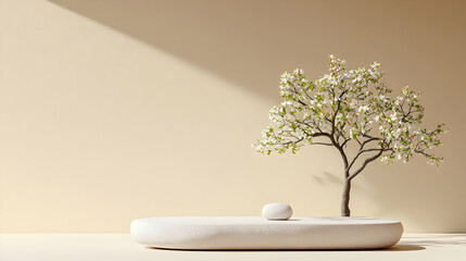 Poster - Minimalist Design with White Tree and Stone on Neutral Background