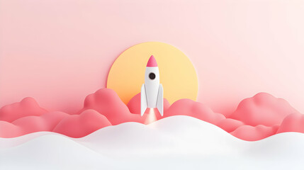 Poster - Cute Rocket Launching Over Colorful Clouds and Sunrise Background