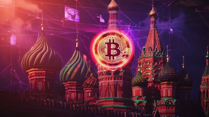 Poster - Futuristic Hologram of Bitcoin Pulsing Above Colorful Towers
