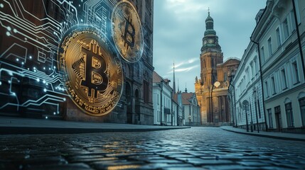 Poster - Bitcoin Symbols Projected onto Historic Cityscape at Dusk