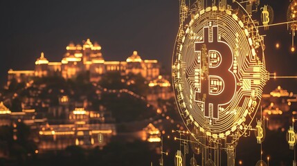 Poster - Glowing Bitcoin Symbols Above a Cityscape at Night