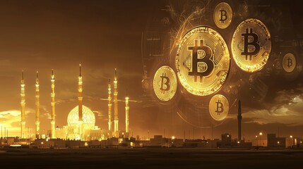 Poster - Holograms of Bitcoin Swirling Above an Urban Skyline at Dusk
