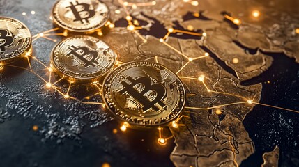 Poster - Scattered Bitcoin Coins on World Map with Network Connections
