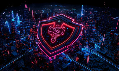 Poster - Neon Shield in Futuristic Cityscape with Digital Glow Effects