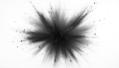Poster - Abstract black dust explosion on white backdrop. Dark powder splash burst. Particle splatter texture. Use for smoke effect, smog stain, creative motion, grunge energy backgrounds.
