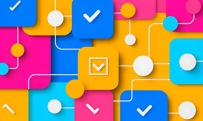 Poster - Vibrant Abstract Background with Check Marks in Colorful Shapes
