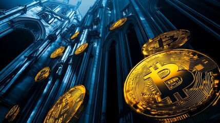 Poster - Bitcoin Coins Floating in Front of Gothic Architecture
