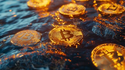 Poster - Floating Bitcoin Coins Above Water Surface with Sparkling Reflection
