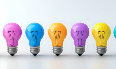 Poster - Colorful Light Bulbs in a Row on a Simple White Background