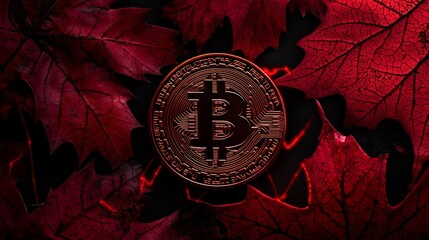Poster - Bitcoin Coin Surrounded by Red Maple Leaves on Dark Background