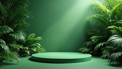 Poster - Green podium surrounded by tropical plants, illuminated by soft light. Blank stage for product display, presentation. Modern design with natural, organic elements, showcase beauty, cosmetic products,