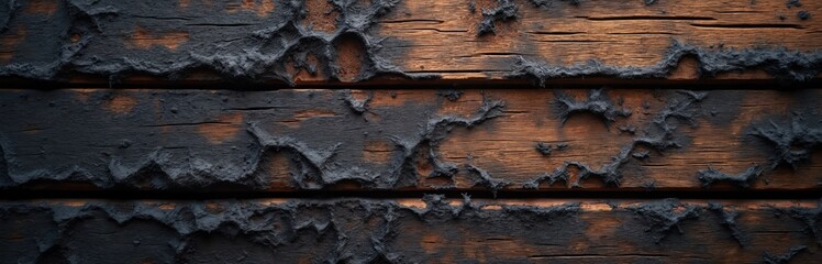Poster - Burnt wood texture. Charred tree sections, raw planks closeup. Rustic natural material. Black and brown pattern. Aged wooden board with burn marks. Banner background with copy space.