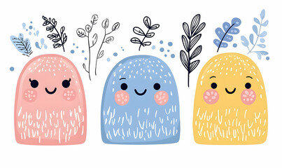 Poster - Cute Cartoon Characters with Colorful Faces and Botanical Elements