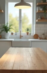 Poster - Serene kitchen interior with wood table, white countertop, sink and blurred window. Shelf holds plant, vase. Natural light creates cozy minimalist modern room design. Copy space on table.