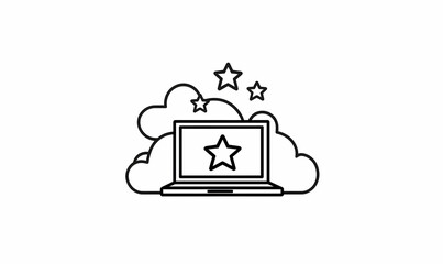 Poster - Laptop with Star Icon Surrounded by Clouds in Minimalist Design
