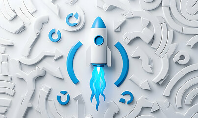 Poster - Futuristic Rocket Launch Surrounded by Abstract White Shapes