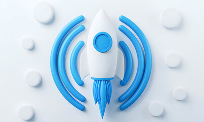 Poster - Creative Rocket Launch Design with Blue Waves and Circular Shapes