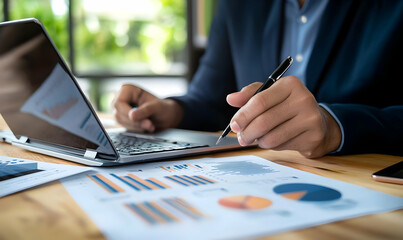 Poster - Businessperson Analyzing Financial Reports with Laptop and Charts