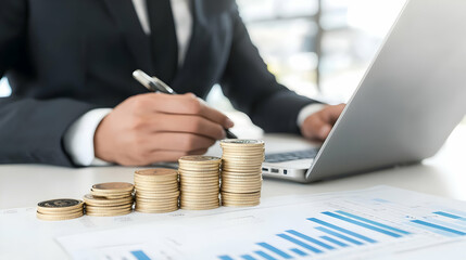 Poster - Businessman Analyzes Financial Data with Laptop and Coins on Table