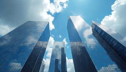 Aufkleber - Tall glass skyscrapers against cloudy blue sky. Skyline of city landscape, urban architecture with modern buildings, business offices. Towers rise into clouds, reflecting sky, sunlight. Financial