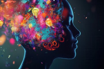 Fototapete - Creative symbols fill a human silhouette representing inspiration and innovation in a futuristic artistic style