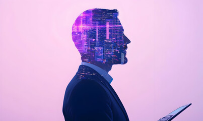 Poster - double exposure human silhouette with cityscape and technology elements