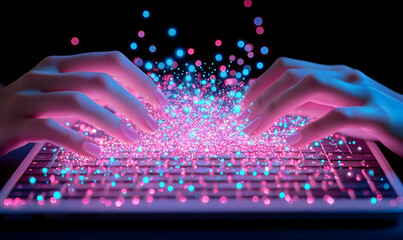 Poster - Hands Typing on Keyboard with Colorful Lights and Sparks Effect