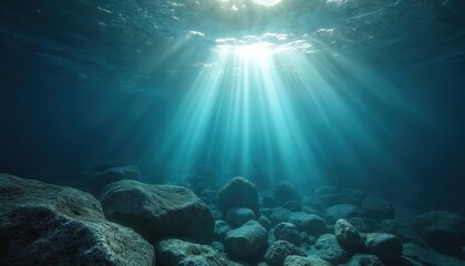 Aufkleber - Sunlight filters through serene underwater scene. Ocean floor covered with rocks. Sun rays pierce water surface creating depth, clear blue water. Concept ocean depth, diving, snorkeling, summer
