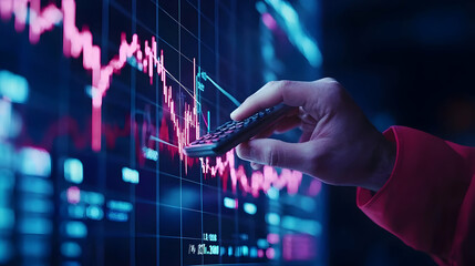 Poster - Hand Holding Calculator Analyzing Stock Market Data on Screen