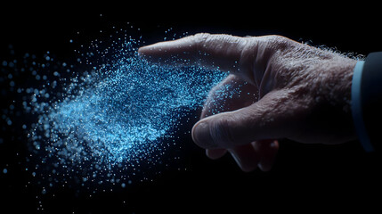 Poster - Human Finger Touching Sparkling Blue Dust on Black Background
