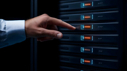Poster - Hand Interacting with Modern Server Rack in Data Center Background