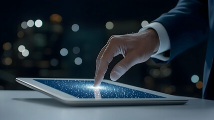 Poster - Hand Touching Tablet Screen with Digital Sparkle Effect at Night