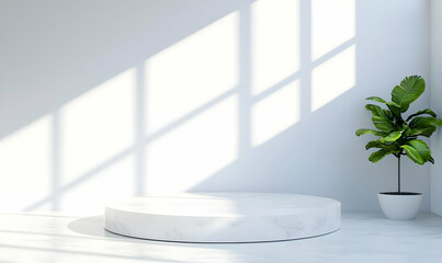 Poster - Minimalist Interior with White Stage and Potted Green Plant