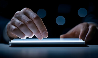 Poster - Close-Up of Hand Interacting with Smartphone Screen in Low Light