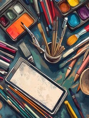 Poster - Creative tools scattered throughout an artistic workspace with vibrant colors, ready for inspiration and creation from an imaginative artist