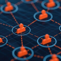 Poster - Digital network connections with orange nodes and blue lines.