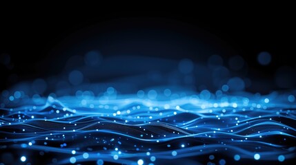 Poster - Abstract blue waves with glowing particles on a dark background.