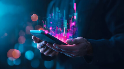 Poster - Hand Holding Smartphone with Data Visualization and Colorful Graphs